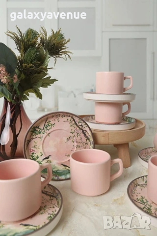 Keramika Комплект за чай Pink Woods, 12 части, за 6 души, снимка 3 - Чаши - 53481370