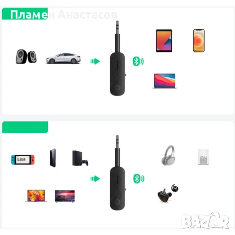 Ugreen Bluetooth Wireless 3.5 mm Receiver & Transmitter – безжичен аудио адаптер, снимка 8 - Ресийвъри, усилватели, смесителни пултове - 53813638