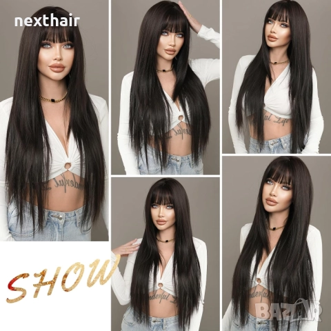 Дълга 80 см тъмно кафява права перука на пластове зигзаг път, снимка 8 - Аксесоари за коса - 52319493