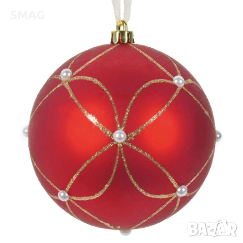 Коледна топка червена матова със златист брокат и перли Ø12 см_1254114