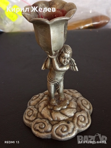 Стар метален свещник с Ангел много красив инкрустиран за КОЛЕКЦИЯ ДЕКОРАЦИЯ 50608, снимка 5 - Други ценни предмети - 51792018