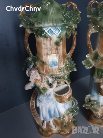2бр чифт фигурални вази 27см/стари немски порцеланови вази с фигури/селяни с кошници, снимка 3 - Вази - 52550357