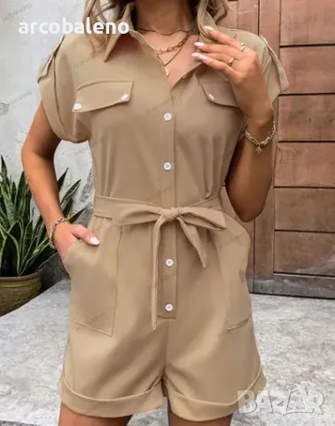 Дамски къс гащеризон с колан, висока талия и ревер., снимка 3 - Гащеризони - 49329507