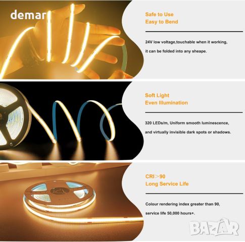 calflux COB LED лента, 10 m, дистанционно, топло бяло 2700K димируемо 320D/m, CRI90+, снимка 4 - Лед осветление - 46459664
