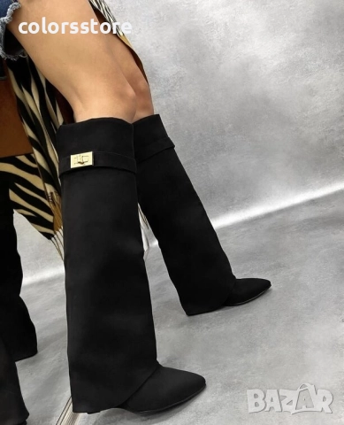 Ботуши на платформа - черен велур - K-40, снимка 2 - Дамски ботуши - 38312317