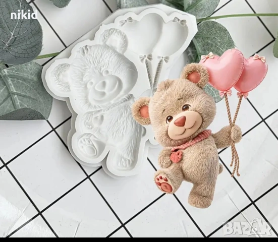 Мече с усмивка и балони силиконов молд форма фондан шоколад гипс пано декор