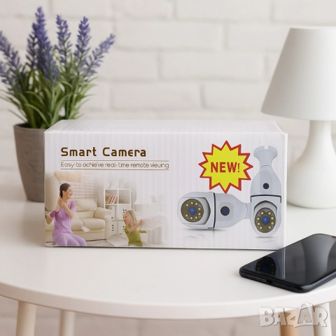 WiFi двойна IP камера за фасунга – Full HD 1080P, 355° въртене, нощно виждане и двупосочно аудио, снимка 4 - Други - 51948016