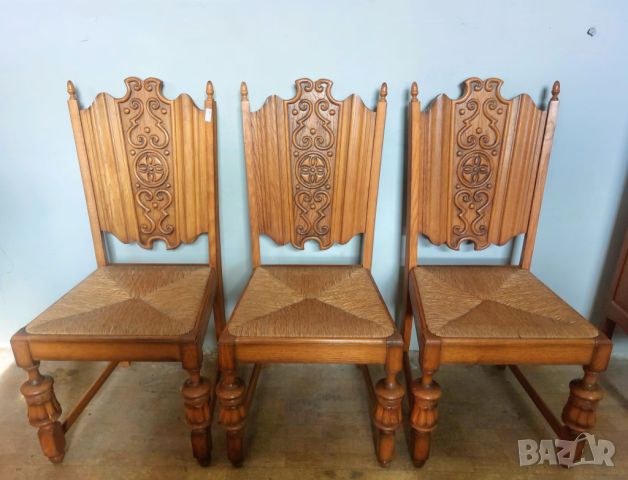 6 броя трапезни столове от дъбов масив с ратанови седалки