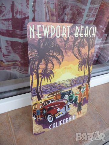 Метална табела Ню Порт Калифорния плажове ретро автомобили, снимка 2 - Декорация за дома - 46090082