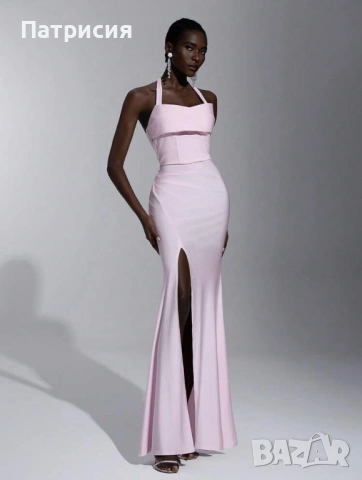 Чисто нова Елегантна, официална, дълга розова рокля с цепка, размер L  Л, еластан, за бал или сватба, снимка 2 - Рокли - 54220377