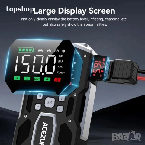 НОВА ACEZUK Стартерна батерия с пикова мощност 26800 mAh 6000 A, компресор 150 PSI, 4-в-1 с дисплей, снимка 3 - Аксесоари и консумативи - 51598053