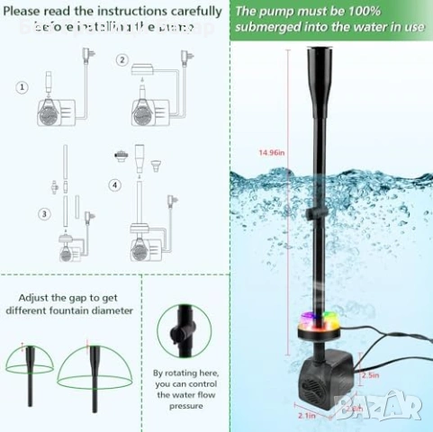 Нова Помпа за аквариум/фонтан 800L/H с LED светлини, 4 накрайника, 3м, снимка 3 - Оборудване за аквариуми - 53525082