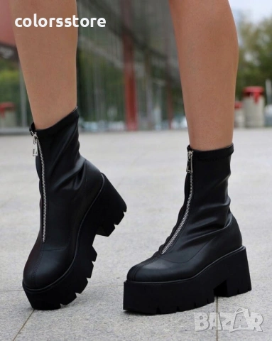 Боти на платформа - черна кожа - LT10 