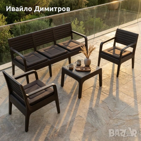 Градински комплект с възглавници 4 части - Троен Диван с 2 фотьойла и маса