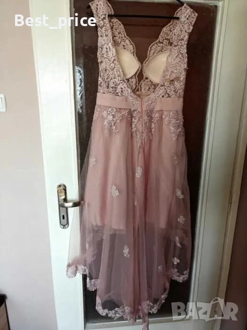 Официална рокля цвят пепел от рози с дантела и гол гръб, снимка 2 - Рокли - 53409842