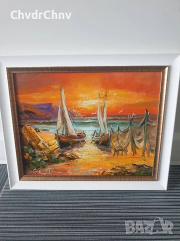 Димитър Генев 33x27см/малка българска картина масло върху платно/морски пейзаж/рибарски лодки-мрежи