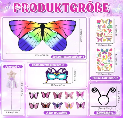 Детски костюм Пеперуда от 17 части, костюм на пеперуда за момичета на 3-8 години, с крила и комплект, снимка 7 - Детски комплекти - 52506975