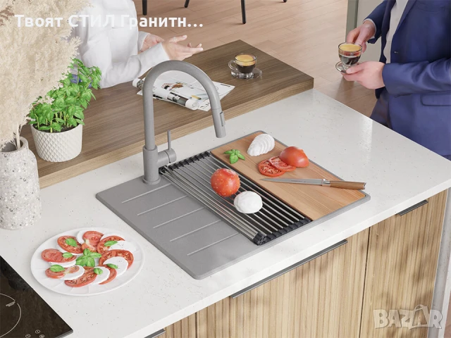 Сива кухненска гранитна мивка Копенхаген 50 Top 620х500, снимка 3 - Мивки - 51299481