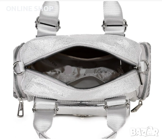Луксозна Дамска чанта от висококачествена  кожа във сребрист цвят, снимка 9 - Чанти - 53587491