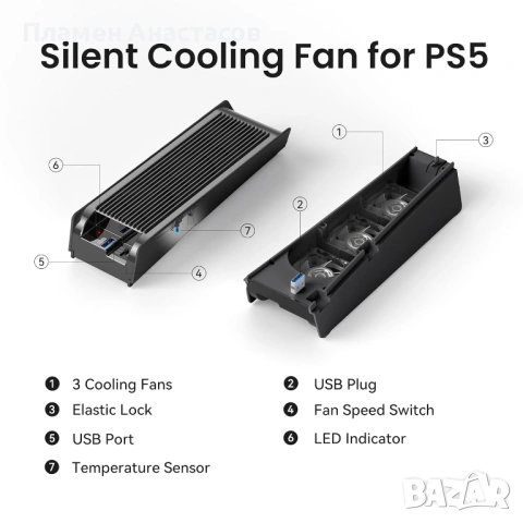 KIWIHOME охлаждащ вентилатор за PS5 (2020) – тих охладител с автоматична скорост, USB 3.0 порт и LED, снимка 9 - Аксесоари - 53285082
