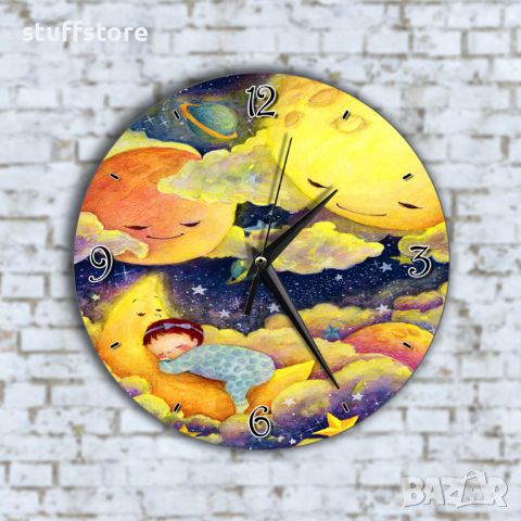 Стенен Часовник - Анимиран Приказно Небе Звезди Бебе Луна, снимка 1 - Стенни часовници - 45652887