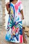 Макси еластична дълга рокля с високи странични цепки в красив многоцветен десен с пеперуда