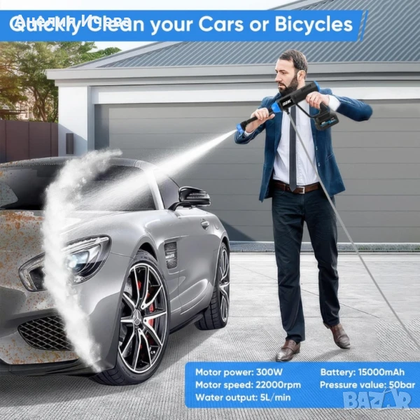 Акомулаторна водоструйка 48V.Пистолет за миене с LED дисплей и 6 режима , снимка 1