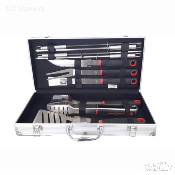 Луксозен комплект от 11 инструмента за барбекю в алуминиев куфар. , снимка 1