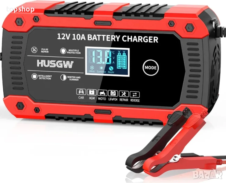 10 A зарядно за кола, 12 V, 7-степенно зареждане , LCD екран, за автомобили, мотоциклети, камиони, снимка 1