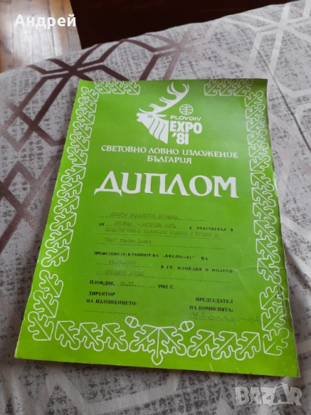 Диплома Световно Ловно Изложение България Expo 1981, снимка 1