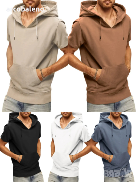 Мъжка ежедневна тениска с качулка и къс ръкав, 5цвята , снимка 1