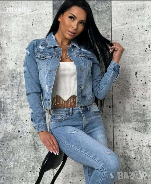 Светлосиньо дънково яке с накъсан ефект, снимка 1