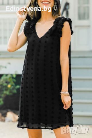 Дамска рокля в черно с къдрички и принт на точки, снимка 2 - Рокли - 46413803