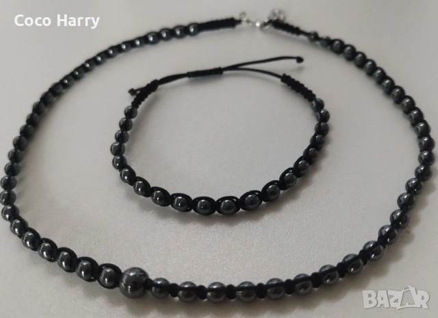 Комплект гривна и чокър с Хематит,ръчна изработка , снимка 3 - Бижутерийни комплекти - 53018175