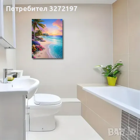 Картина на платно с дървена рамка-Плажна Сцена със Залез и Цветя,30x40 см., снимка 7 - Картини - 48465511