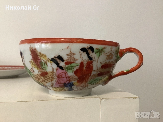 Комплект  чаша и чинийка  порцелан произведено в Япония ръчна изработка 1950 години цена за 2 броя, снимка 3 - Антикварни и старинни предмети - 53794775