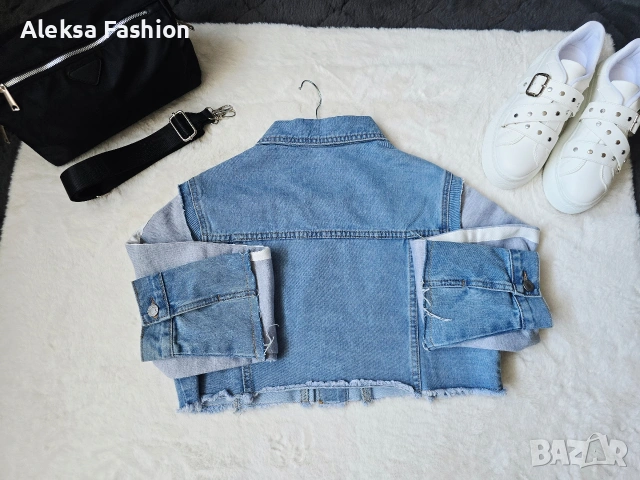 Дамско късо дънково яке с ръкави от плат , снимка 6 - Якета - 52819452