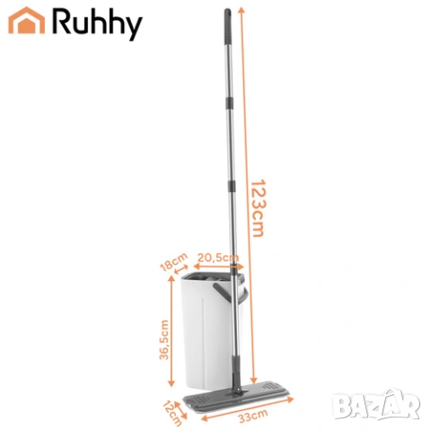 Плосък моп с кофа за отцеждане / Микрофибърен моп за под + 3 подложки, снимка 2 - Други стоки за дома - 53503174
