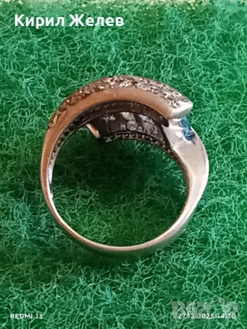 Разкошен Арт Нуво сребърен пръстен с СИН ТОПАЗ и кристали 52507, снимка 5 - Пръстени - 52912046