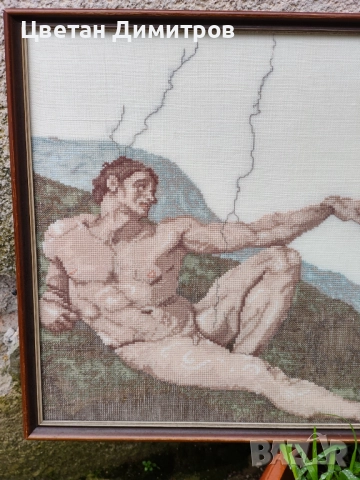Бродирана картина /гоблен ,репродукция на стенописа "Сътворението на Адам" от Микеланджело. , снимка 2 - Гоблени - 52671413