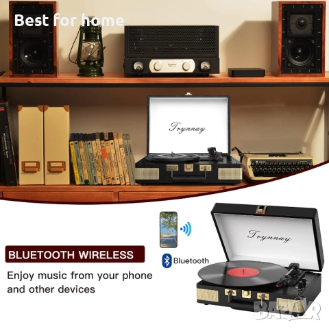  Trynnay Грамофон- 3-скоростен Bluetooth, с вградени високоговорители, изкуствена кожа, винтидж, снимка 3 - Грамофони - 52118436