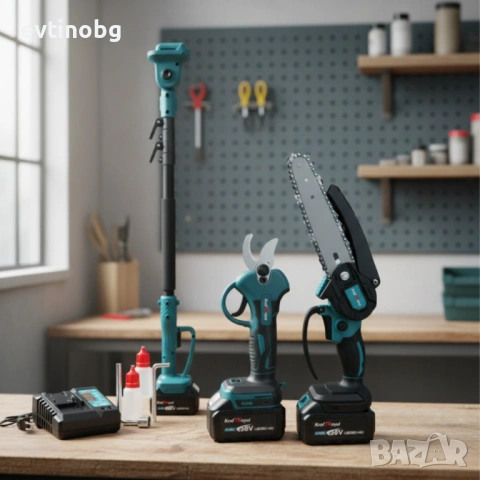 Комплект 3 в 1 от акумулаторна лозарска ножица, акумулаторен мини верижен трион и телескопичен прът
