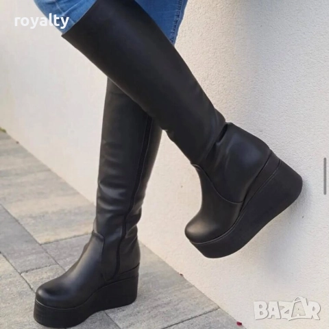 Ботуши на платформа - черна кожа с черно ходило
