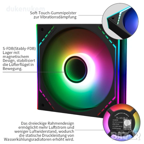 ARGB вентилатор TL-M12R-S 120 mm – PWM, тих, снимка 4 - Други - 53256903