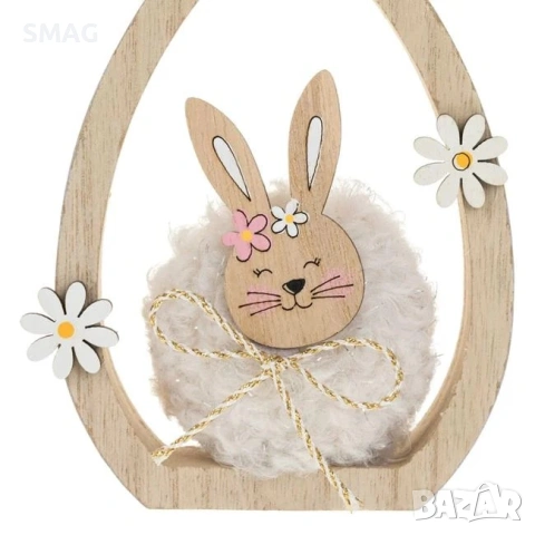 Великденска декорация – дървено яйце в лилав цвят със зайче от изкуствена козина, 9x2 см_1247734