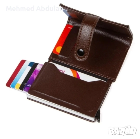 кафяв кожен портфейл с алуминиев автоматичен защитен механизъм, снимка 5 - Портфейли, портмонета - 52620419