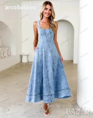 Дамска дълга дънкова рокля без ръкави без гръб с презрамки 