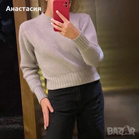 Сребрист бляскав пуловер  , снимка 2 - Блузи с дълъг ръкав и пуловери - 53432902