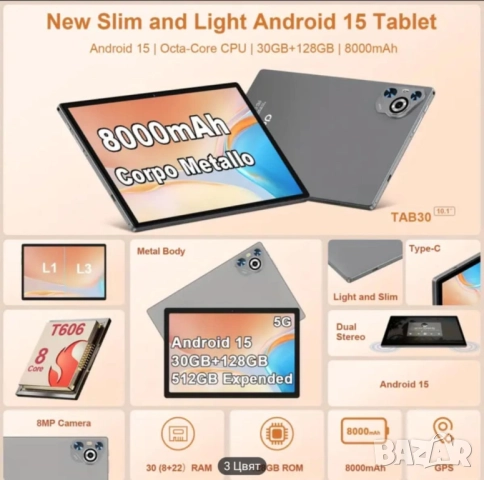 Нов таблет DGHRTI с Android 15, 10.1", 30GB RAM, 128GB ROM 1TB, 8-ядрен 200 лв., снимка 2 - Таблети - 52310625