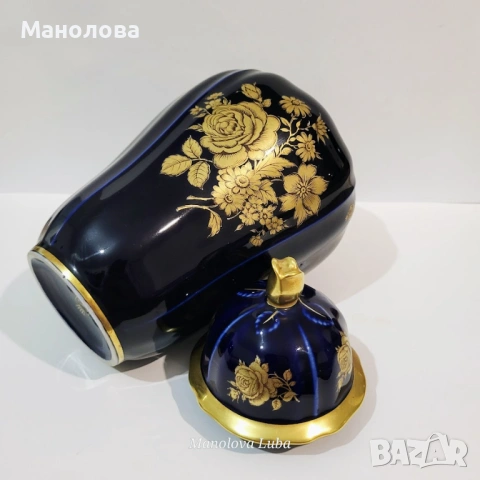 Кобалтово синя ваза с капак и златисти флорални мотиви Retsch & Wunsiedel., снимка 6 - Други ценни предмети - 53449286